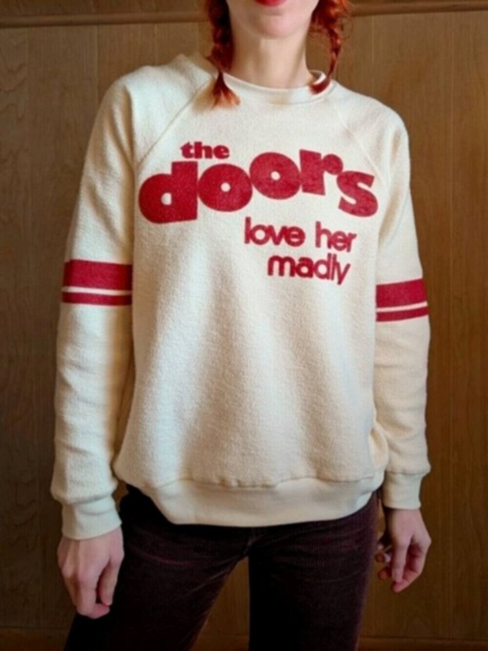 DAYDREAMER The Doors Love Her Madly Reverse Sweatshirt Size S Cream Red NWT